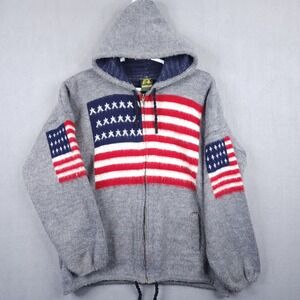 Ruminahui Wool Zip Hoodie Mens XL Gray American Flag Ecuador Knit Sweater Hooded